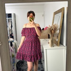 Wayf Pink Floral Off-Shoulder Ruffle Mini Dress